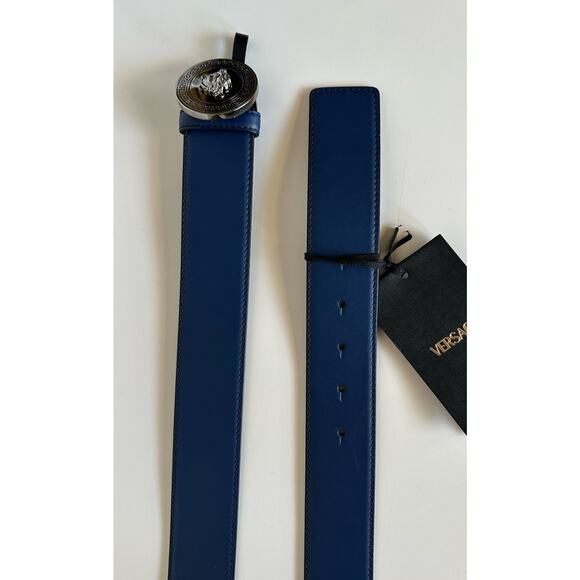 Versace Silver Medusa-Buckle Blue Leather Belt 100 (40) Italy 1006276 NIB $600 - Picture 6 of 10